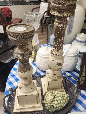 Distressed Cream Wooden Candlestick Pair - Rustic Home Accents